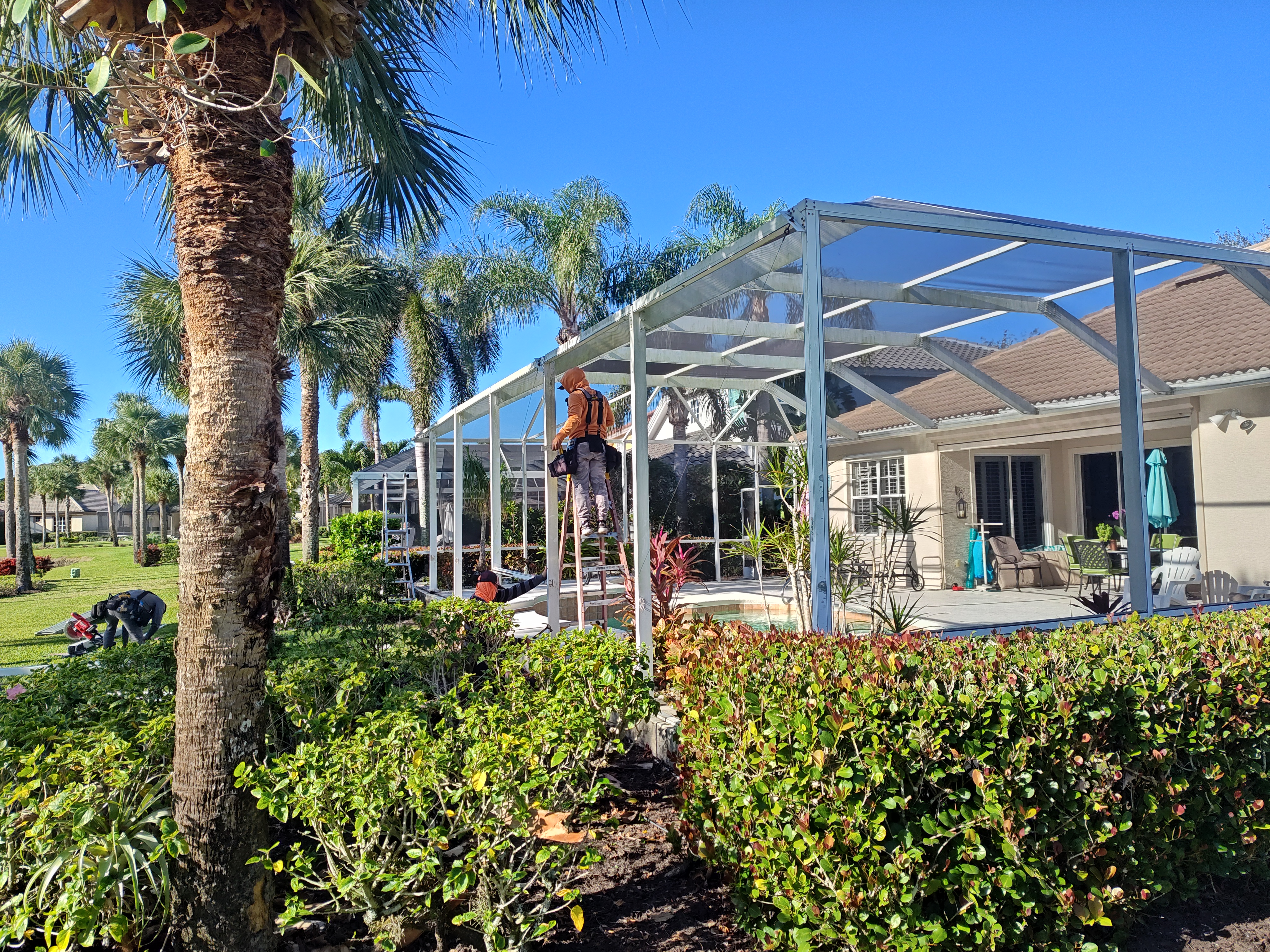 patio enclosure repairs, pool screen repair, super screen enclosures, pool screen service, aluminum gutters, pool cage, patio, lanai screens, spline, pool,